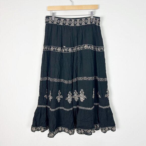 NEW Philosophy Black A-line Full Maxi Skirt Embroidered Boho Hippie Size Large W - Picture 3 of 4